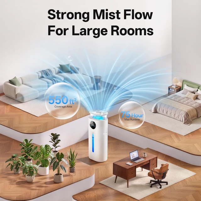 Alt view image 2 of 7 - 15L Humidifier for Large Room Bedroom, 400ml/h Cool Mist | Max 75H Runtime, Top-Fill Easy Clean, 40%-90% Humidity Control, 3 Mist Levels, 35dB Sleep Mode for Bedroom Office Plants