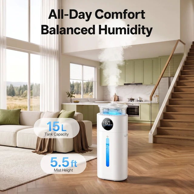Alt view image 3 of 7 - 15L Humidifier for Large Room Bedroom, 400ml/h Cool Mist | Max 75H Runtime, Top-Fill Easy Clean, 40%-90% Humidity Control, 3 Mist Levels, 35dB Sleep Mode for Bedroom Office Plants