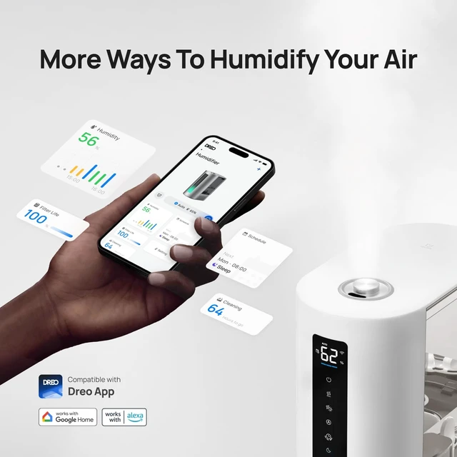 Alt view image 3 of 7 - 6L Smart Humidifiers for Bedroom, Warm & Cool Mist for Large Room | 60-Hour Quiet Runtime, 500ML/H Output, Smart Humidity Sensor, Indicator Light, App Control, Works with Alexa & Google, White