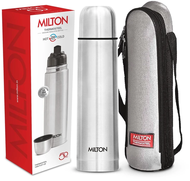 Main image of Milton Flask 34 oz Insulated Water Bottle with Cover, Flip Lid, Thermosteel | Stainless Steel, Double Wall Vacuum Insulation, Keeps Drinks Hot & Cold up to 24 Hours, Leak Proof, Silver