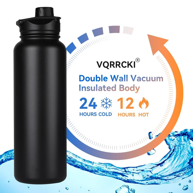 Alt view image 2 of 7 - 40 oz Insulated Water Bottle with Straw, Stainless Steel Sports Water Bottles with 2 Lids (Straw and Wide Mouth lid), Double Wall Vacuum, Leakproof, BPA-Free, Black