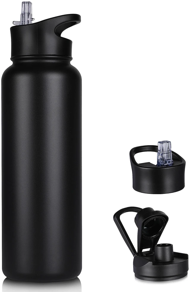 Main image of 40 oz Insulated Water Bottle with Straw, Stainless Steel Sports Water Bottles with 2 Lids (Straw and Wide Mouth lid), Double Wall Vacuum, Leakproof, BPA-Free, Black