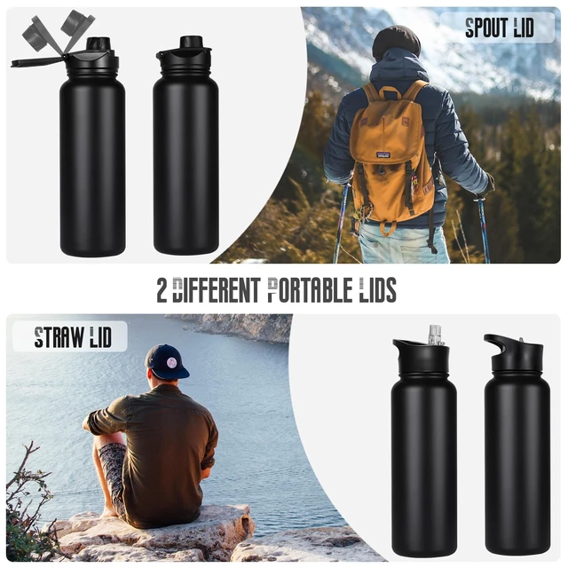 Alt view image 3 of 7 - 40 oz Insulated Water Bottle with Straw, Stainless Steel Sports Water Bottles with 2 Lids (Straw and Wide Mouth lid), Double Wall Vacuum, Leakproof, BPA-Free, Black