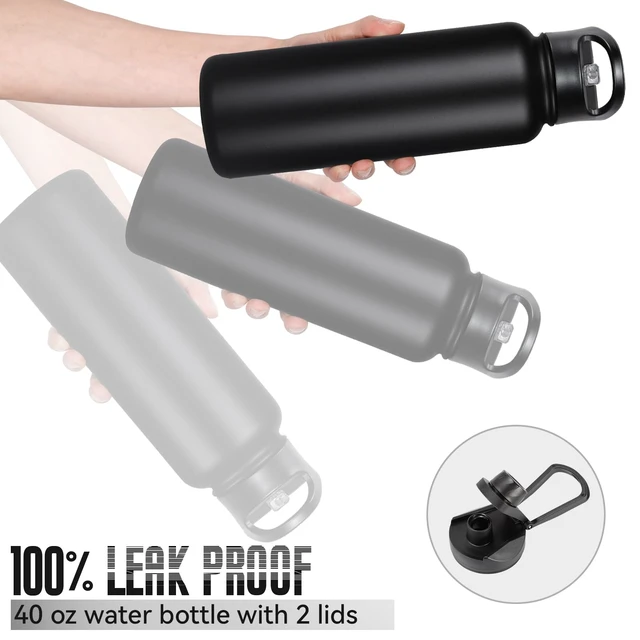 Alt view image 5 of 7 - 40 oz Insulated Water Bottle with Straw, Stainless Steel Sports Water Bottles with 2 Lids (Straw and Wide Mouth lid), Double Wall Vacuum, Leakproof, BPA-Free, Black