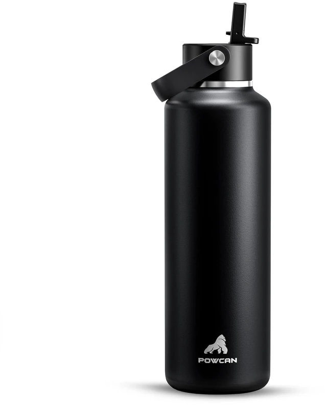 Main image of 24 oz Slim Insulated Water Bottle with Straw: Leakproof, Keep Cold 24H, Cupholder Friendly, Top Handle, BPA-free, Stainless Steel Water Bottle for Sport, Travel, School, Gym (Midnight Black)