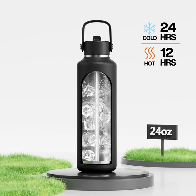 Alt view image 2 of 7 - 24 oz Slim Insulated Water Bottle with Straw: Leakproof, Keep Cold 24H, Cupholder Friendly, Top Handle, BPA-free, Stainless Steel Water Bottle for Sport, Travel, School, Gym (Midnight Black)