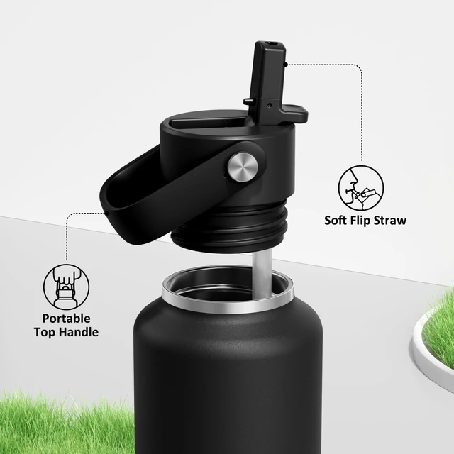 Alt view image 3 of 7 - 24 oz Slim Insulated Water Bottle with Straw: Leakproof, Keep Cold 24H, Cupholder Friendly, Top Handle, BPA-free, Stainless Steel Water Bottle for Sport, Travel, School, Gym (Midnight Black)