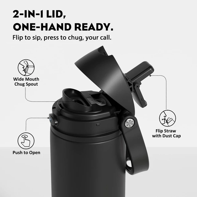 Alt view image 3 of 7 - 24 oz Insulated Water Bottle: 2-in-1 Push-Button Spout & Quick-Flip Straw, Leakproof, Cold 24Hrs, Fits Car Cup Holder, Stainless Steel Water Bottle for Sports, Travel, School, Gift (Very Black)