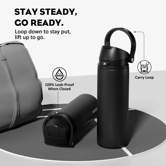 Alt view image 4 of 7 - 24 oz Insulated Water Bottle: 2-in-1 Push-Button Spout & Quick-Flip Straw, Leakproof, Cold 24Hrs, Fits Car Cup Holder, Stainless Steel Water Bottle for Sports, Travel, School, Gift (Very Black)