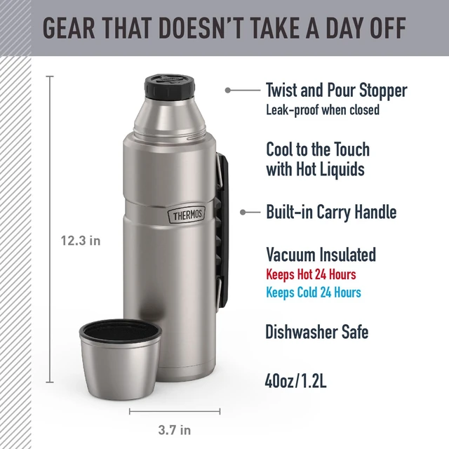 Alt view image 2 of 7 - THERMOS Stainless King Vacuum-Insulated Beverage Bottle, 40 Ounce, Matte Stainless Steel