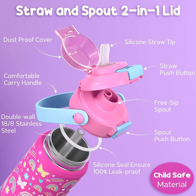 Alt view image 2 of 7 - 18oz Kids Insulated Water Bottle with 2-in-1 Straw & Spout Lid | Leak Proof 18/8 Stainless Steel Vacuum Tumbler with Pop-Open Lid, BPA-Free Kids Cup for Travel School Girl Boy Toddler 2 Pack