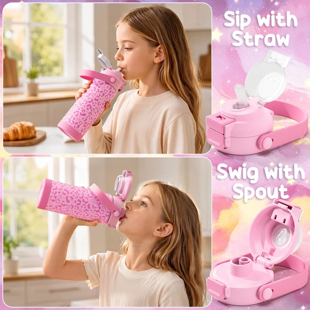 Alt view image 3 of 7 - 18oz Kids Insulated Water Bottle with 2-in-1 Straw & Spout Lid | Leak Proof 18/8 Stainless Steel Vacuum Tumbler with Pop-Open Lid, BPA-Free Kids Cup for Travel School Girl Boy Toddler 2 Pack