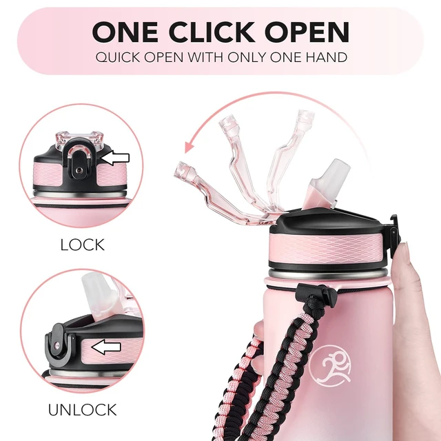 Alt view image 5 of 6 - 24oz Insulated Stainless Steel Travel Water Bottle, 2 Lids | with straw and no straw, Paracord handle, Double-wall vacuum keeps drinks cold or hot, Leakproof tumbler