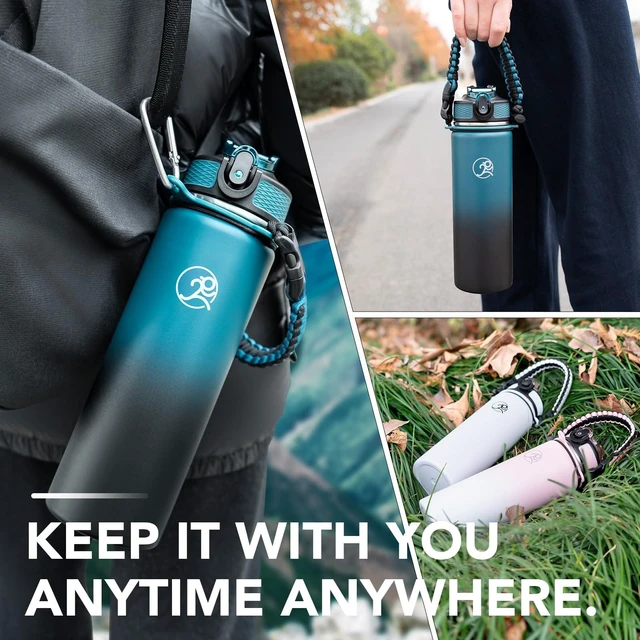 Alt view image 6 of 6 - 24oz Insulated Stainless Steel Travel Water Bottle, 2 Lids | with straw and no straw, Paracord handle, Double-wall vacuum keeps drinks cold or hot, Leakproof tumbler