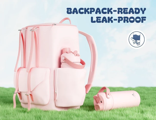 Alt view image 4 of 7 - Kids Water Bottle for School: 2-in-1 Straw Spout Lid with Soft Animal Head, Leakproof, Backpack Friendly, Keep Cold 24H, Insulated cup for Sports, Playground, Holiday Gift, 18oz, (Cotton Candy)