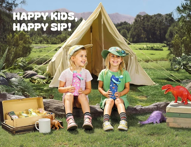 Alt view image 2 of 7 - Kids Water Bottle for School: 2-in-1 Straw Spout Lid with Soft Animal Head, Leakproof, Backpack Friendly, Keep Cold 24H, Insulated cup for Sports, Playground, Holiday Gift, 18oz, (Cotton Candy)