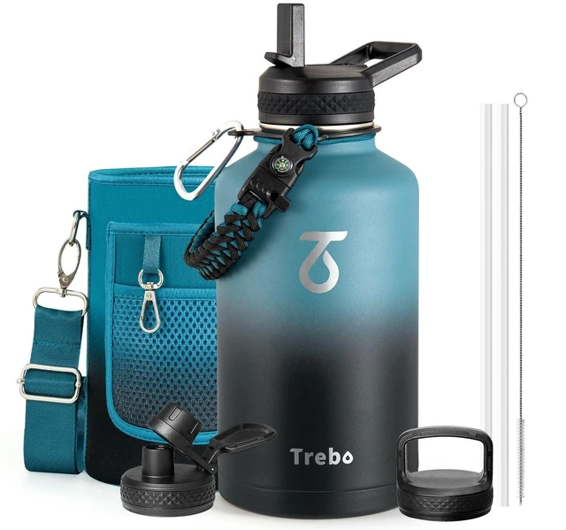 Main image of 64 oz Water Bottle Stainless Steel with 3 Lids, Paracord Handle & Bag | Half Gallon Large Insulated Jug, Triple Wall Vacuum Copper Plated, Dishwasher Safe, Cold 48Hrs for Outdoor, Hiking, Gym