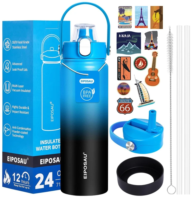 Main image of Insulated Water Bottle with Lid & Boot & Stickers, 24 oz | Stainless Steel Sweat Free Bottle Keep Cold 24H, BPA-Free Sports Wide Mouth Water Bottle, BlueBlack