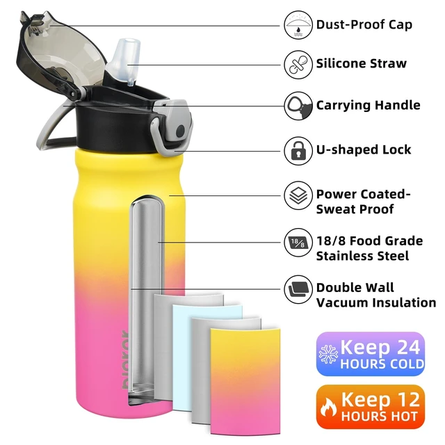 Alt view image 2 of 6 - 18 oz Water Bottle with Straw & Handle, Insulated Stainless Flask | Leak Proof Locking Lid, Thermal, Double Wall Vacuum, Keeps Hot/Cold, BPA Free, Dishwasher Safe, Travel & Sports, Rainbow