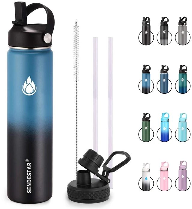 Main image of Insulated Water Bottle 24 oz, Double Wall Vacuum Leak Proof Stainless Steel Sports Water BottleWide Mouth with New Flex Straw Lid & Spout Lid (Deep Blue&Black)