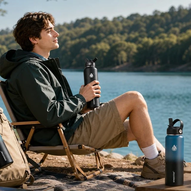 Alt view image 7 of 7 - Insulated Water Bottle 24 oz, Double Wall Vacuum Leak Proof Stainless Steel Sports Water BottleWide Mouth with New Flex Straw Lid & Spout Lid (Deep Blue&Black)