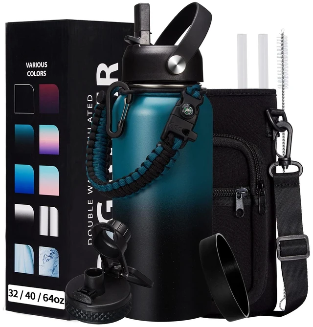Main image of 32/40/64/128 oz Insulated Water Bottle with straw & Spout Lids Keep Cold 48H Hot 24H, Large Water Flask Bottle with Shoulder Carrier Bag, Paracord Handle & Boot for Gym, Workout & Beach