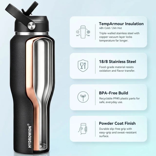 Alt view image 3 of 7 - 40 oz Insulated Water Bottle Stainless Steel Triple-Wall with Straw Lid Set | Outdoor Vacuum Thermos for 48 Hrs Cold , 24 Hrs Hot, Flask with Spout Lid and Flex Cap Fit Cup Holder for Car Travel