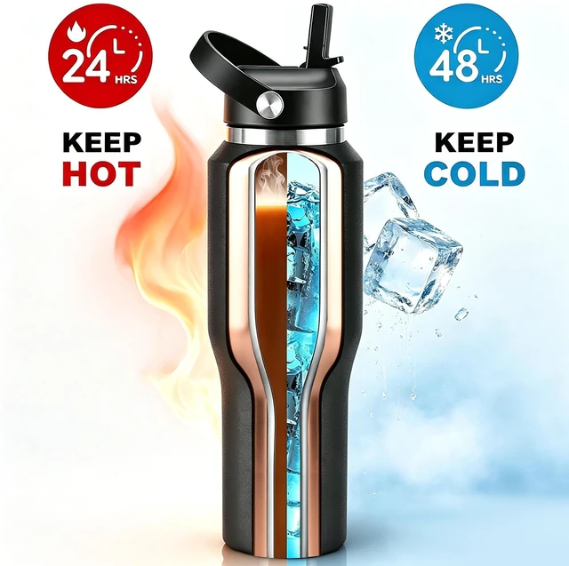 Alt view image 2 of 7 - 40 oz Insulated Water Bottle Stainless Steel Triple-Wall with Straw Lid Set | Outdoor Vacuum Thermos for 48 Hrs Cold , 24 Hrs Hot, Flask with Spout Lid and Flex Cap Fit Cup Holder for Car Travel