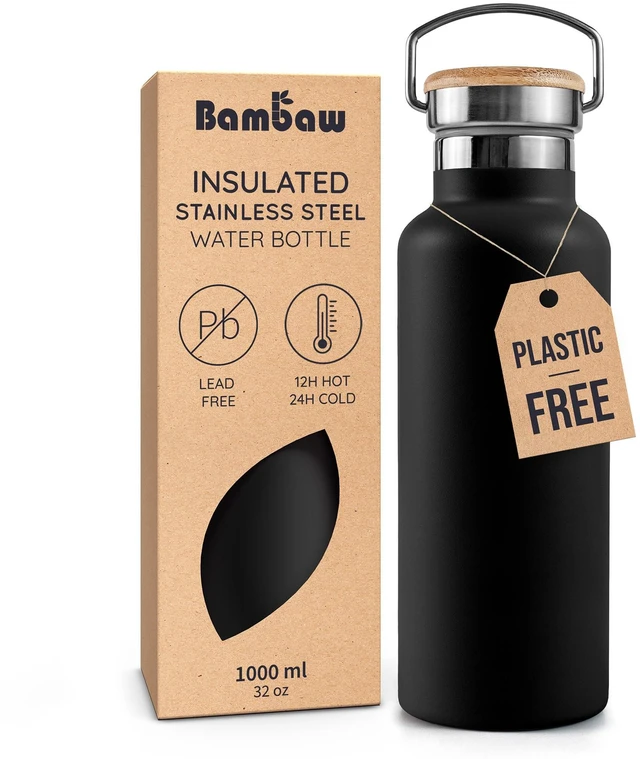 Main image of Insulated Water Bottle 32 oz, Wide Mouth Stainless Steel Water Bottle with Handle, Made of High-Grade Stainless Steel, Convenient for Hot & Cold Drinks (Jet Black)
