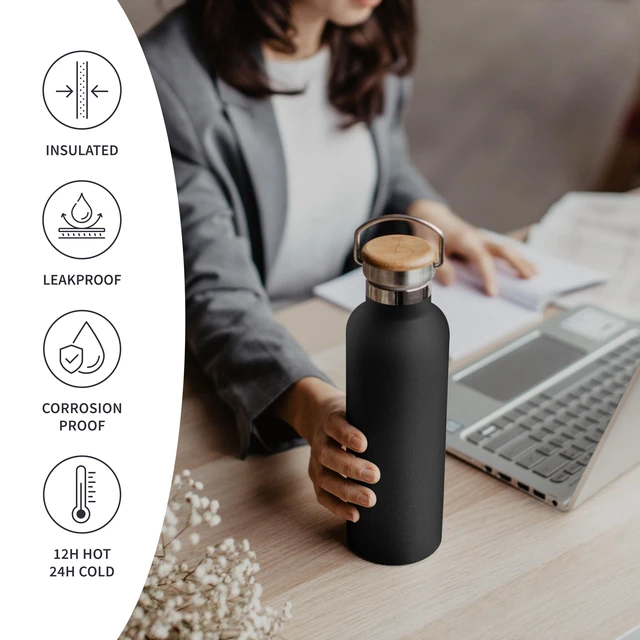 Alt view image 3 of 7 - Insulated Water Bottle 32 oz, Wide Mouth Stainless Steel Water Bottle with Handle, Made of High-Grade Stainless Steel, Convenient for Hot & Cold Drinks (Jet Black)
