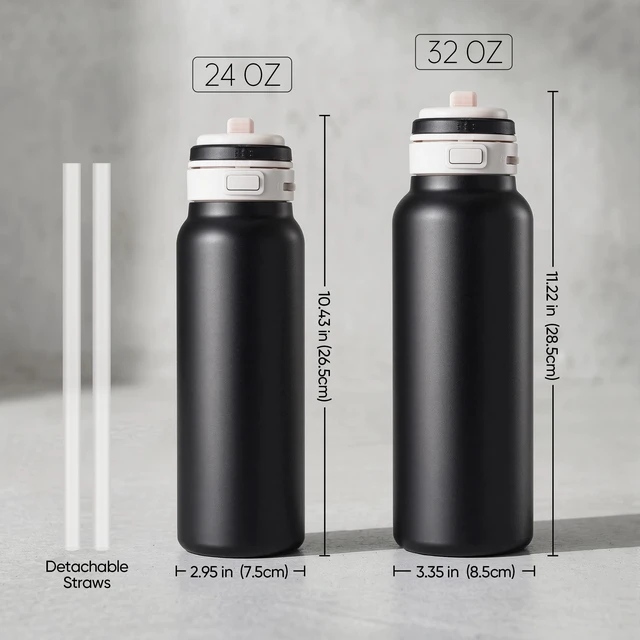 Alt view image 7 of 7 - 24 oz Insulated Water Bottle, 2-in-1 Stainless Steel with Straw and Spout, Leak Proof,Fits in Car Cup Holder, 304 Stainless Steel with Wide Mouth, Great for Sports, Travel, Work (Black)