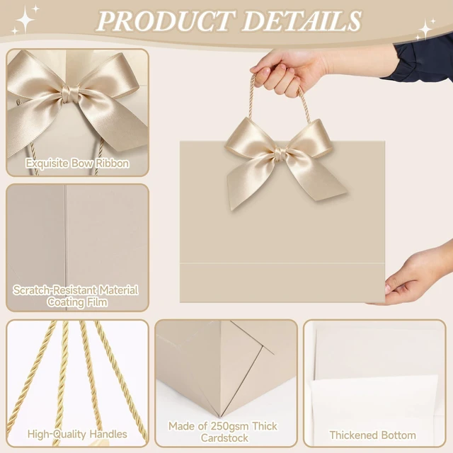 Alt view image 3 of 4 - 2 Pack Champagne Large Gift Bags with Handles & 6 Tissue Papers | 12.6x10x4 Inches with Cards for Birthdays, Weddings, Baby Showers, Christmas & Thank You Gifts