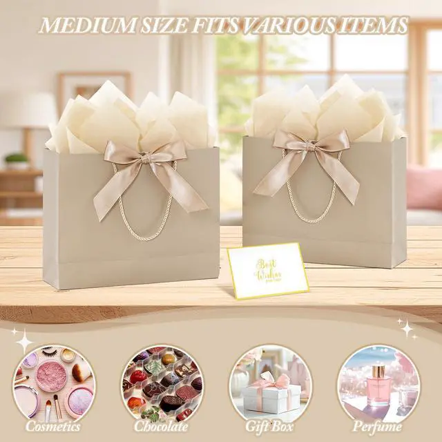 Alt view image 4 of 4 - 2 Pack Champagne Large Gift Bags with Handles & 6 Tissue Papers | 12.6x10x4 Inches with Cards for Birthdays, Weddings, Baby Showers, Christmas & Thank You Gifts