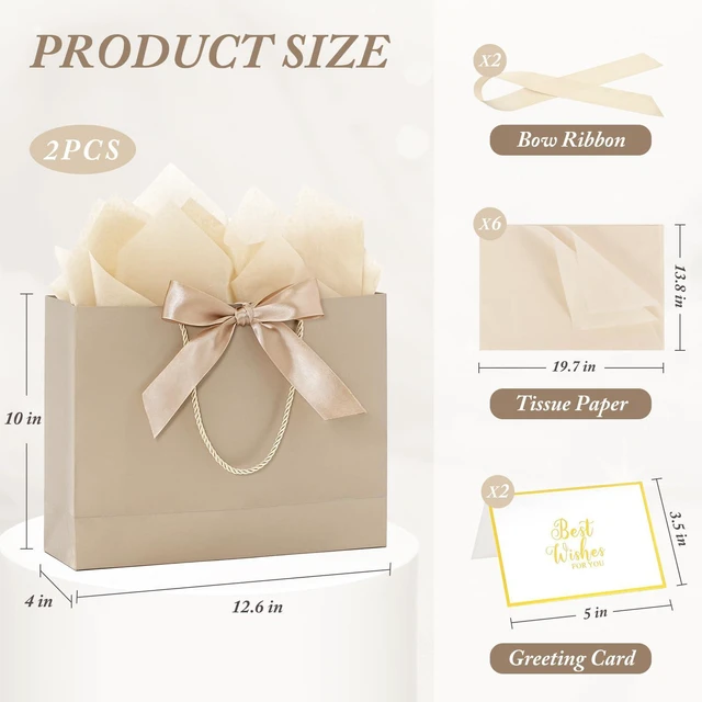 Alt view image 2 of 4 - 2 Pack Champagne Large Gift Bags with Handles & 6 Tissue Papers | 12.6x10x4 Inches with Cards for Birthdays, Weddings, Baby Showers, Christmas & Thank You Gifts