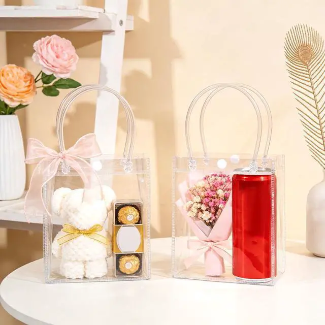 Alt view image 4 of 5 - 10 PCS Clear Gift Bags with Handles, 2.7" x 5.1" x 5.9" Reusable Transparent PVC Tote Bags, Small Goodie Bags for Wedding, Birthday, Holiday & Party Favors, Gift Wrapping & Basket Stuffers
