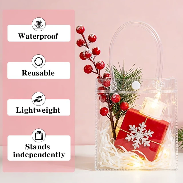 Alt view image 5 of 5 - 10 PCS Clear Gift Bags with Handles, 2.7" x 5.1" x 5.9" Reusable Transparent PVC Tote Bags, Small Goodie Bags for Wedding, Birthday, Holiday & Party Favors, Gift Wrapping & Basket Stuffers