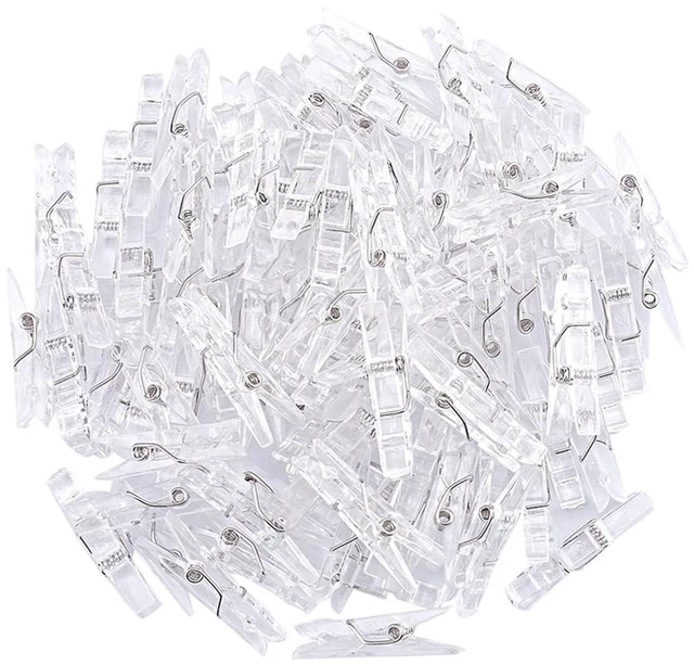 Main image of 100 Pack Mini Clear Photo Clips, Small Transparent Plastic Clothespins, Clothesline Clips for Photos, Cards, Crafts, Notes & Home Decoration