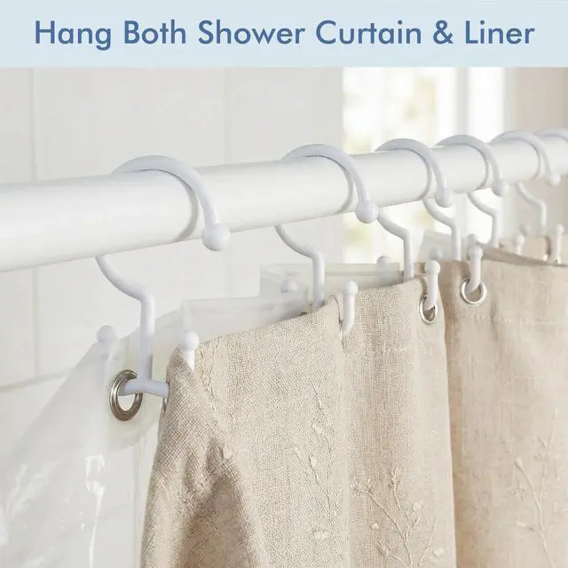 Alt view image 2 of 6 - 12 Pack White Double Shower Curtain Hooks, Plastic Shower Rings for Curtain & Liner, Waterproof & Rust-Resistant, Sturdy Flexible Bathroom Curtain Hooks, Universal Easy-Use Design