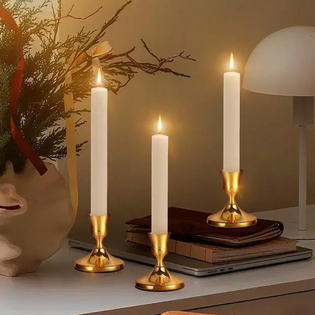 Alt view image 2 of 7 - 3 Pack Gold Taper Candle Holders, Vintage Brass Metal Candlestick Holders for Standard Taper Candles, Dining Table, Wedding, Party, Mantel & Home Decor, Centerpiece Set