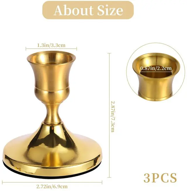 Alt view image 3 of 7 - 3 Pack Gold Taper Candle Holders, Vintage Brass Metal Candlestick Holders for Standard Taper Candles, Dining Table, Wedding, Party, Mantel & Home Decor, Centerpiece Set