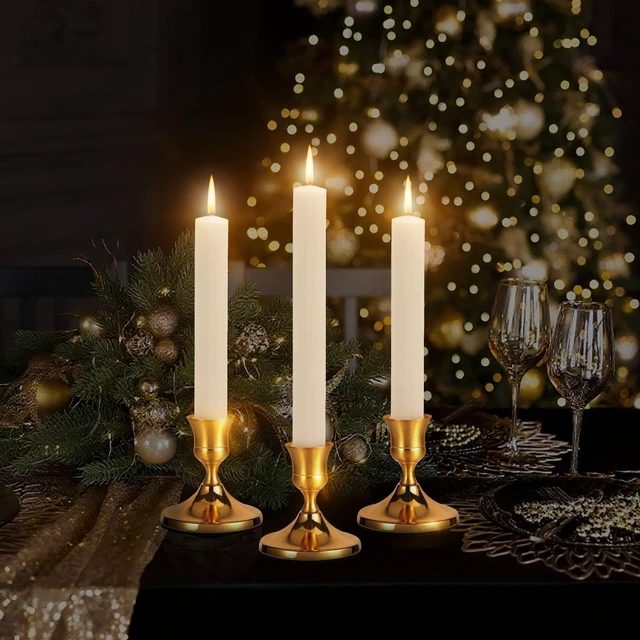 Alt view image 4 of 7 - 3 Pack Gold Taper Candle Holders, Vintage Brass Metal Candlestick Holders for Standard Taper Candles, Dining Table, Wedding, Party, Mantel & Home Decor, Centerpiece Set