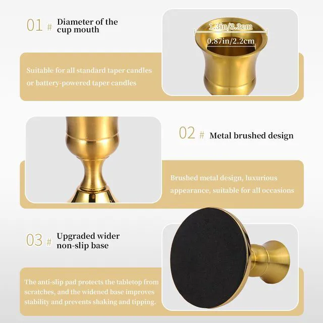 Alt view image 5 of 7 - 3 Pack Gold Taper Candle Holders, Vintage Brass Metal Candlestick Holders for Standard Taper Candles, Dining Table, Wedding, Party, Mantel & Home Decor, Centerpiece Set