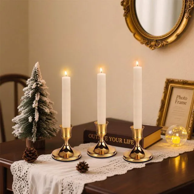 Alt view image 7 of 7 - 3 Pack Gold Taper Candle Holders, Vintage Brass Metal Candlestick Holders for Standard Taper Candles, Dining Table, Wedding, Party, Mantel & Home Decor, Centerpiece Set