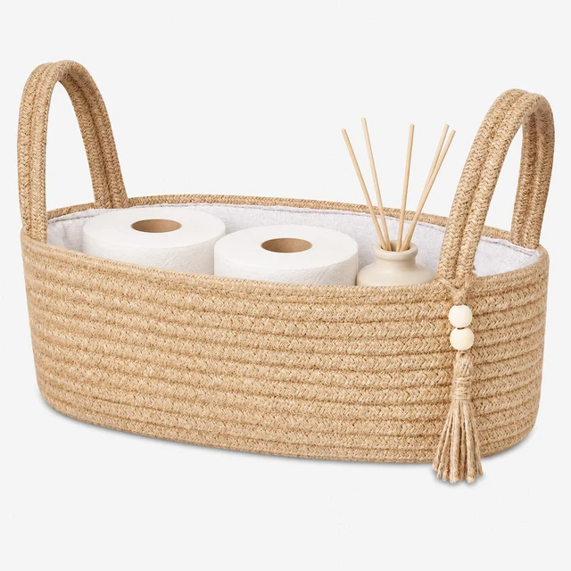Main image of Small Jute Rope Storage Basket, Woven Toilet Paper Tray Organizer, Boho Bathroom Decor Basket for Toilet Tank Top, Shelf, Bedroom & Living Room, 13" x 6" x 4"
