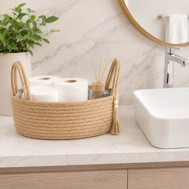Alt view image 5 of 7 - Small Jute Rope Storage Basket, Woven Toilet Paper Tray Organizer, Boho Bathroom Decor Basket for Toilet Tank Top, Shelf, Bedroom & Living Room, 13" x 6" x 4"