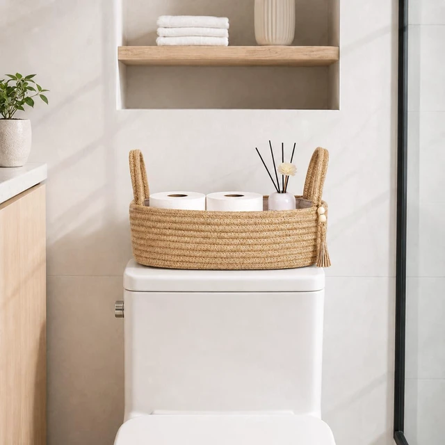 Alt view image 3 of 7 - Small Jute Rope Storage Basket, Woven Toilet Paper Tray Organizer, Boho Bathroom Decor Basket for Toilet Tank Top, Shelf, Bedroom & Living Room, 13" x 6" x 4"