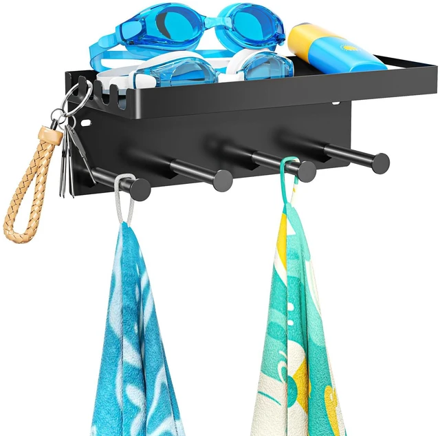 Main image of Pool Towel Racks with Shelf Wall Mounted, Pool Towel Holder Outdoor with 4 Hooks, Metal Towel Hanger Pool Accessories Organizer for Robe, Towel, Coat, Swimsuit, Bag, Keys