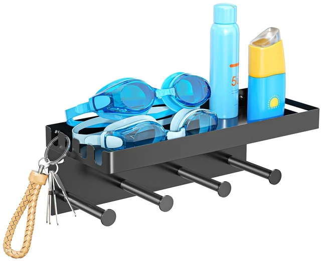 Alt view image 4 of 6 - Pool Towel Racks with Shelf Wall Mounted, Pool Towel Holder Outdoor with 4 Hooks, Metal Towel Hanger Pool Accessories Organizer for Robe, Towel, Coat, Swimsuit, Bag, Keys
