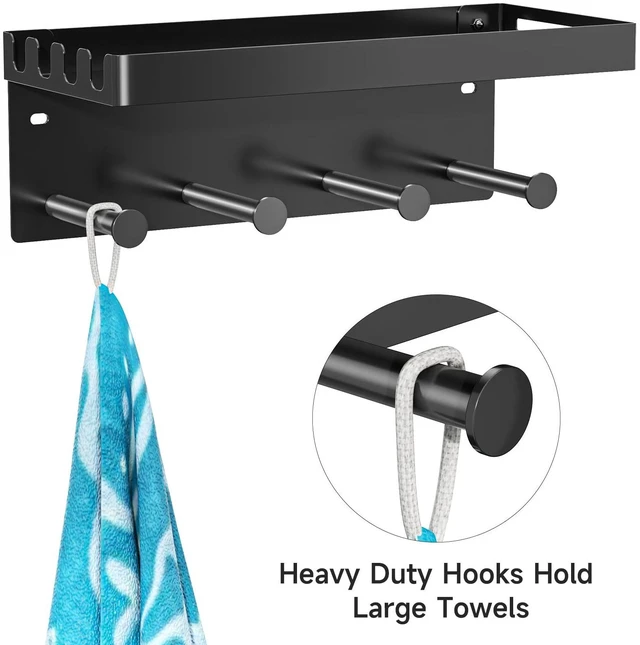 Alt view image 3 of 6 - Pool Towel Racks with Shelf Wall Mounted, Pool Towel Holder Outdoor with 4 Hooks, Metal Towel Hanger Pool Accessories Organizer for Robe, Towel, Coat, Swimsuit, Bag, Keys