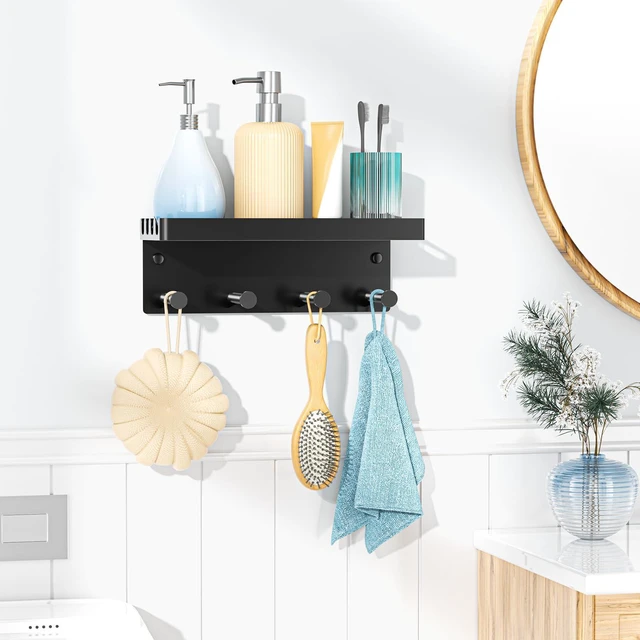 Alt view image 6 of 6 - Pool Towel Racks with Shelf Wall Mounted, Pool Towel Holder Outdoor with 4 Hooks, Metal Towel Hanger Pool Accessories Organizer for Robe, Towel, Coat, Swimsuit, Bag, Keys